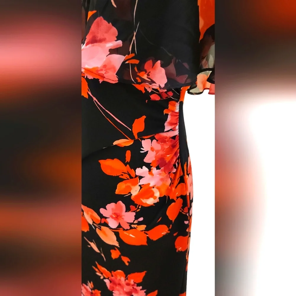 Connected Apparel Floral  Sheer Overlay Ruched A-line Midi Dress